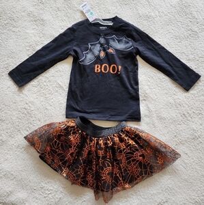 NEW toddler girl Halloween outfit, long sleeve top Bat BOO & tutu skirt, size 2t